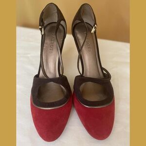 Talbots Red & Brown Suede Mary Jane Heels - Color Block Ankle Strap Pumps 8 1/2